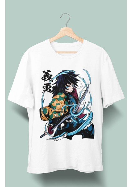 Oversize Demon Slayer Giyu Tomioka Baskılı T-Shirt, Unisex Anime Baskılı Tişört