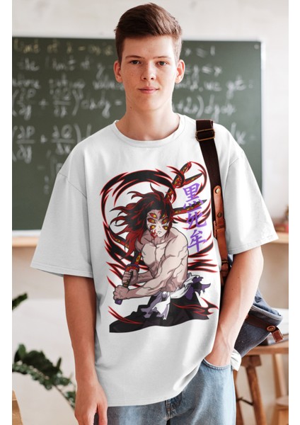 Oversize Demon Slayer Kokushibo Karakteri Tişört, Unisex Anime Baskılı T-Shirt fiyatları
