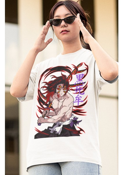 Oversize Demon Slayer Kokushibo Karakteri Tişört, Unisex Anime Baskılı T-Shirt modelleri