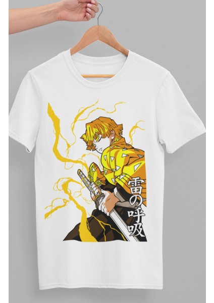 Oversize Demon Slayer Zenitsu Karakteri Baskılı T-Shirt, Unisex Anime Baskılı Tişört