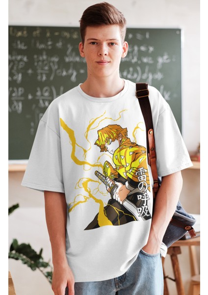Oversize Demon Slayer Zenitsu Karakteri Baskılı T-Shirt, Unisex Anime Baskılı Tişört fiyatları