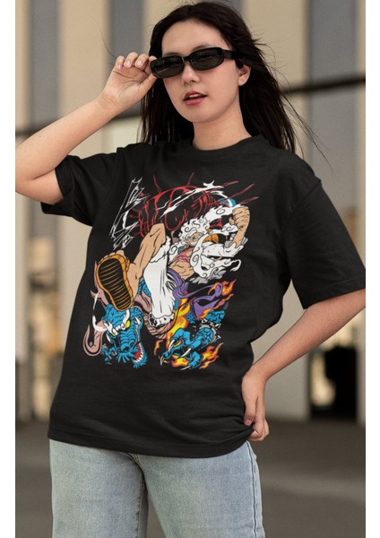 Oversize Luffy Vs Kaido Baskılı T-Shirt, Unisex Anime Baskılı Tişört modelleri