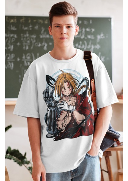 Oversize Fullmetal Alchemist Edward Elric Baskılı T-Shirt, Unisex Anime Baskılı Tişört fiyatları
