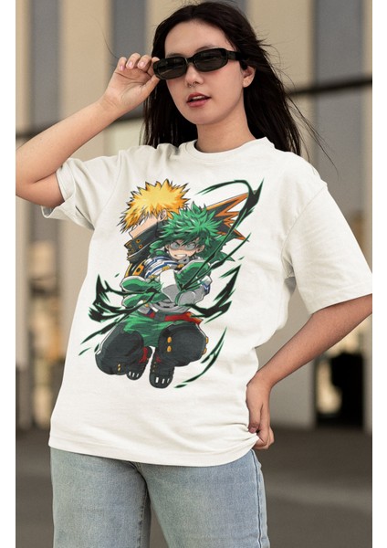 Oversize My Hero Academia Izuku Midoriya Katsuki Bakugo Baskılı T-Shirt,unisex Anime Baskılı Tişört modelleri
