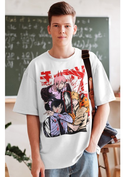 Oversize Chainsaw Man Karakterleri Baskılı T-Shirt, Unisex Anime Baskılı Tişört fiyatları