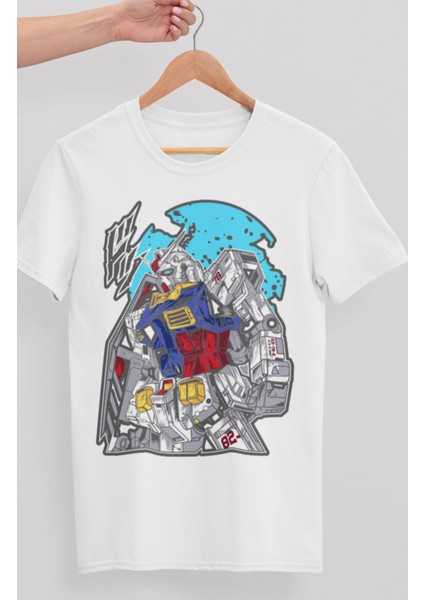 Oversize Gundam Baskılı T-Shirt, Unisex Anime Baskılı Tişört