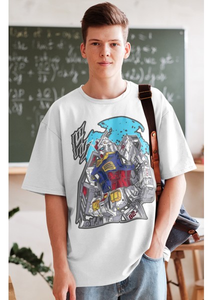 Oversize Gundam Baskılı T-Shirt, Unisex Anime Baskılı Tişört fiyatları