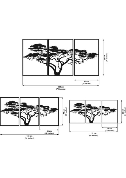 Metal Afrika Ağacı Duvar Dekoru 3'lü