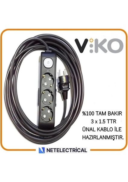 Multi-Let Siyah 3'lü Anahtarlı 10 Metre Topraklı Çocuk Korumalı Kablolu Grup Priz