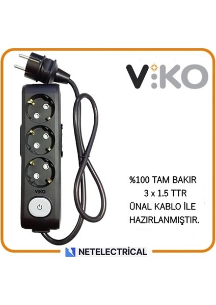 Multi-Let Siyah 3'lü Anahtarlı 2 Metre Topraklı Çocuk Korumalı Kablolu Grup Priz