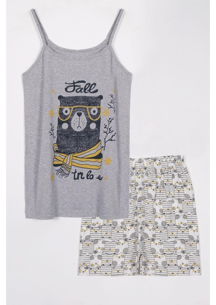 Ip Askılı Şortlu Gri Beyaz Kadın Pijama Takımı