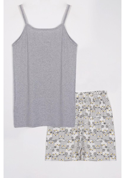 Ip Askılı Şortlu Gri Beyaz Kadın Pijama Takımı modelleri