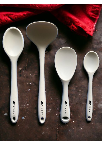 Sert Uçlu Isıya Dayanıklı Yanmaz Yapışmaz Silikon Kaşık Seti 4 Parça 28 cm - 22 cm - 20 cm Kaşık 28 cm Kepçe
