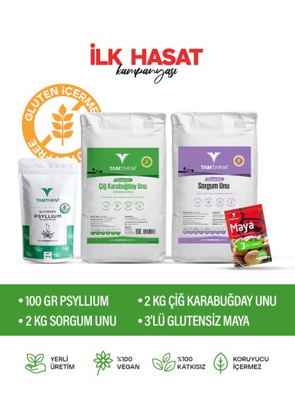 (Glutensiz) Çiğ Karabuğday Unu 2 kg + Sorgum Unu 2 kg + Psyllium 100 gr + Kuru Maya