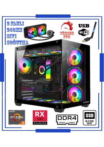 Augustus X90 Ryzen 5 5600X 32GB 512GB M.2 Ssd+1tb HDD RX580 8gb 256BIT Sıvı Soğutmalı Oyuncu Masaüstü Bilgisayar