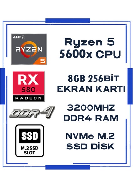 Augustus X90 Ryzen 5 5600X 32GB 512GB M.2 Ssd+1tb HDD RX580 8gb 256BIT Sıvı Soğutmalı Oyuncu Masaüstü Bilgisayar