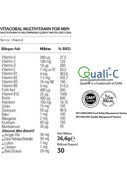 Multivitamin For Men Bitkisel Kapsül 30'lu