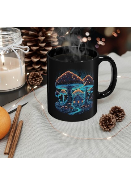 Mantar Kahve Kupa, Cottagecore Blue Forest Cabin , Ingilizce Kahve Kupa modelleri