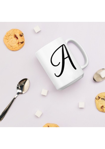 Monogram A Script Kahve Kupa - Beyaz Parlak Kupa - Ingilizce Kahve Kupa