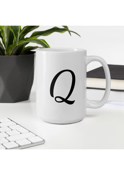 Q Monogram Kupa Bardak - Beyaz Parlak Kupa - Ingilizce Kahve Kupa