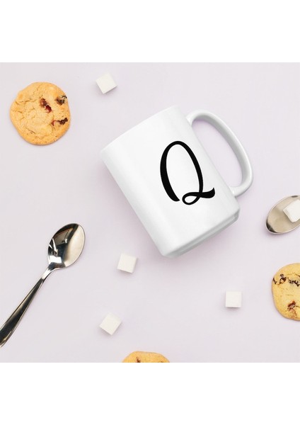 Q Monogram Kupa Bardak - Beyaz Parlak Kupa - Ingilizce Kahve Kupa