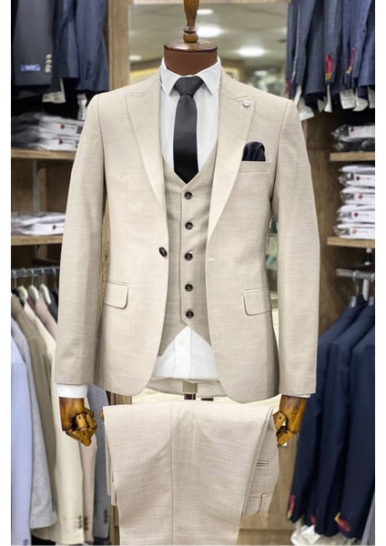 Slimfit Kesim Kumas Desenli Erkek Yelekli Takim Elbise-Bej