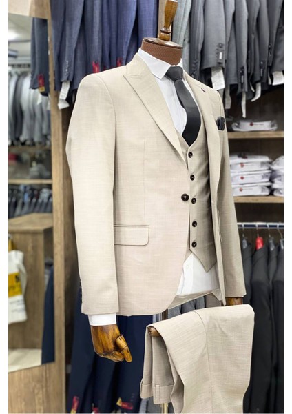 Slimfit Kesim Kumas Desenli Erkek Yelekli Takim Elbise-Bej