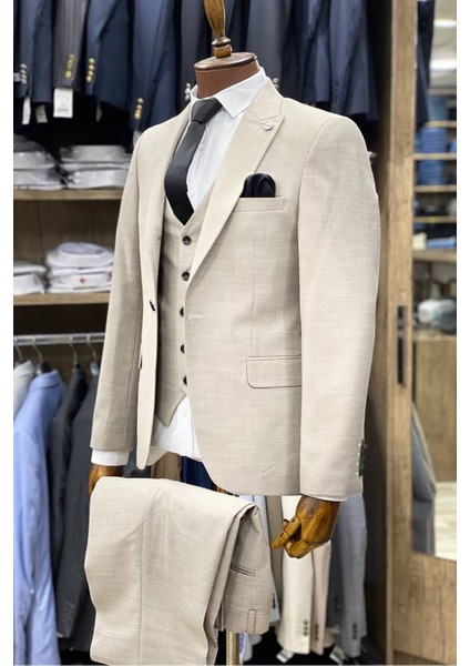 Slimfit Kesim Kumas Desenli Erkek Yelekli Takim Elbise-Bej