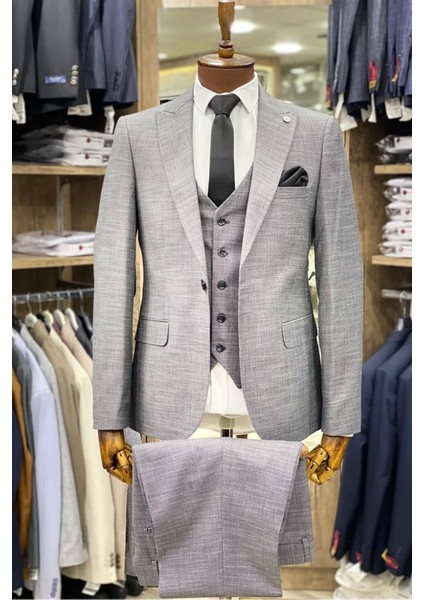 Slimfit Kesim Kumas Desenli Erkek Yelekli Takim Elbise-Gri