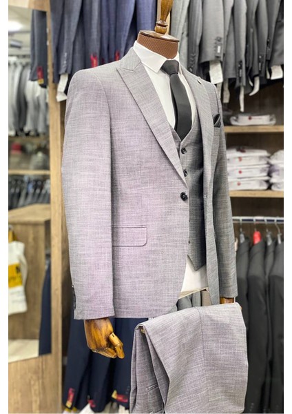 Slimfit Kesim Kumas Desenli Erkek Yelekli Takim Elbise-Gri