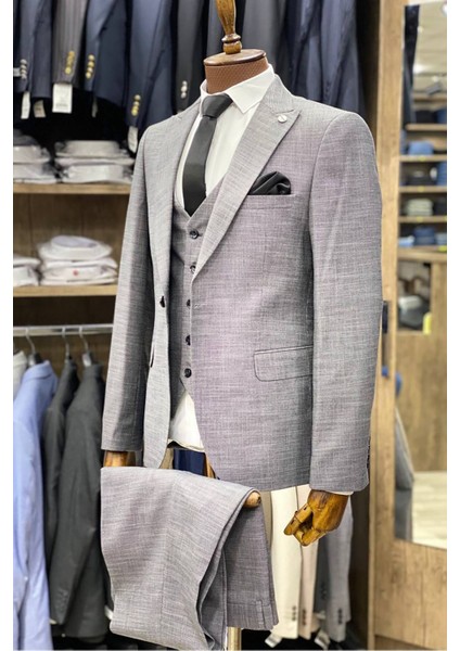 Slimfit Kesim Kumas Desenli Erkek Yelekli Takim Elbise-Gri