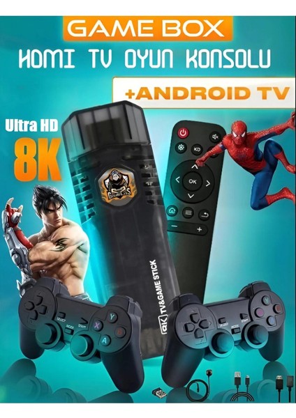 5g Kablosuz Çift Kol Retro +10.000 Oyunlar 8k 64GB Game Stick+Android Tv Box 2in1 Android Tv + Game
