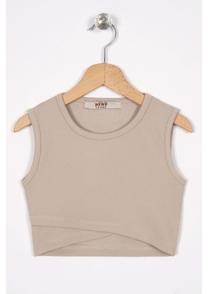 Bisiklet Yaka Sıfır Kol Capraz Bel Detaylı Bej Renk Kız Cocuk Tshırt