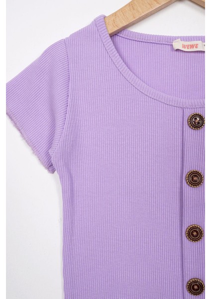 Bisiklet Yaka Kısa Kol Fitilli Lila Renk Kız Çocuk Tshirt fiyatları