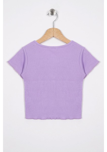 Bisiklet Yaka Kısa Kol Fitilli Lila Renk Kız Çocuk Tshirt modelleri