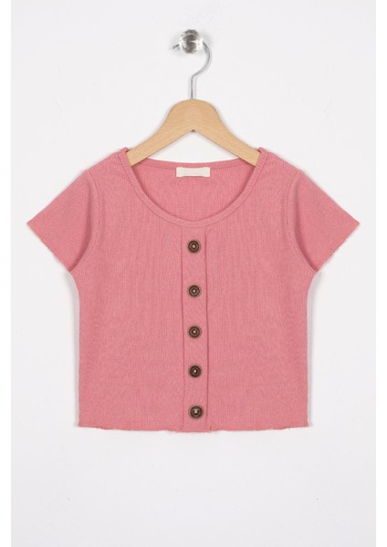 Bisiklet Yaka Kısa Kol Fitilli Pudra Renk Kız Çocuk Tshirt