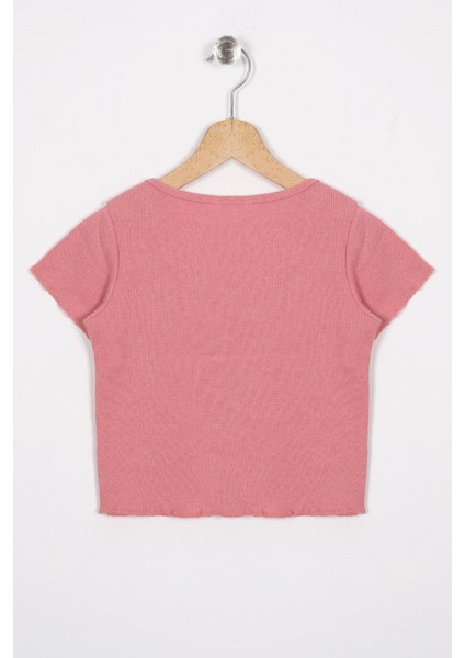 Bisiklet Yaka Kısa Kol Fitilli Pudra Renk Kız Çocuk Tshirt modelleri