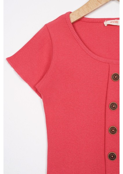 Bisiklet Yaka Kısa Kol Fitilli Somon Renk Kız Çocuk Tshirt fiyatları