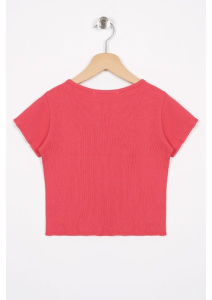 Bisiklet Yaka Kısa Kol Fitilli Somon Renk Kız Çocuk Tshirt modelleri