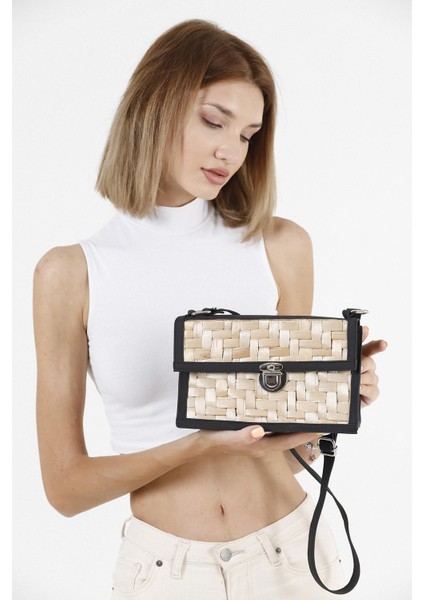 Kaydırma Desenli Hasır Siyah Omuz Çantası fiyatları