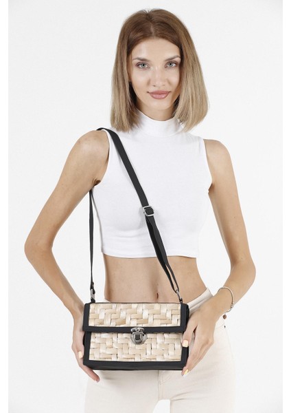 Kaydırma Desenli Hasır Siyah Omuz Çantası modelleri