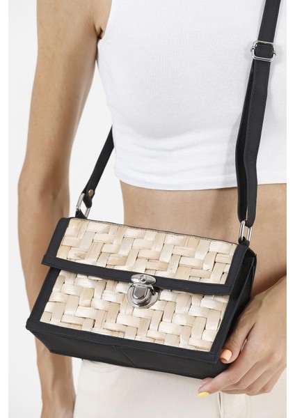 Kaydırma Desenli Hasır Siyah Omuz Çantası indirimleri