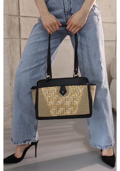 Desenli Hasır Siyah Omuz Çantası