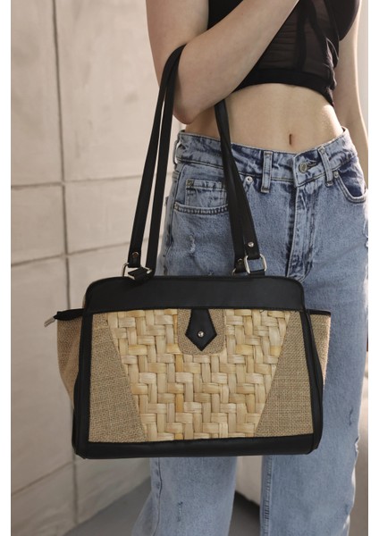 Desenli Hasır Siyah Omuz Çantası modelleri