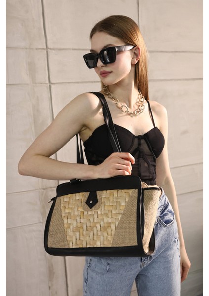 Desenli Hasır Siyah Omuz Çantası fırsatları