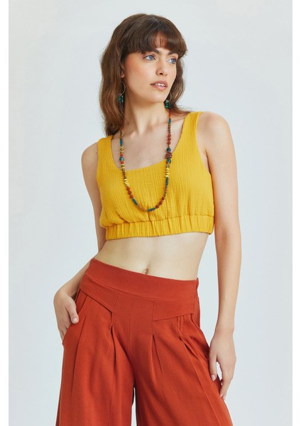 Havuz Yaka Crop Bluz Hardal