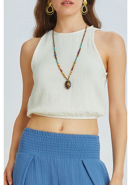 Beli Lastikli Basic Crop Bluz Bej indirimleri