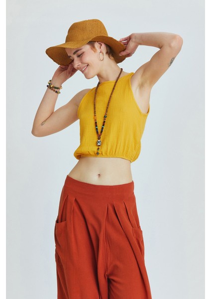 Beli Lastikli Basic Crop Bluz Hardal
