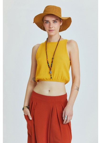 Beli Lastikli Basic Crop Bluz Hardal modelleri