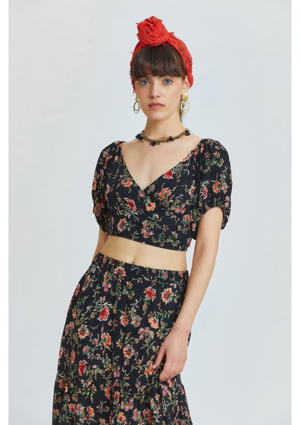 Önden Bağlamalı Crop Bluz Siyah